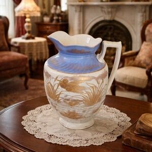 Antique 1888 Staffordshire Ceramic Pitcher Blue Gold Bird Water‎ Lily Floral
